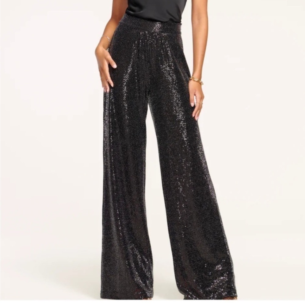 Ramy Brook Black Sequin Wide-Leg Trousers with High Waist